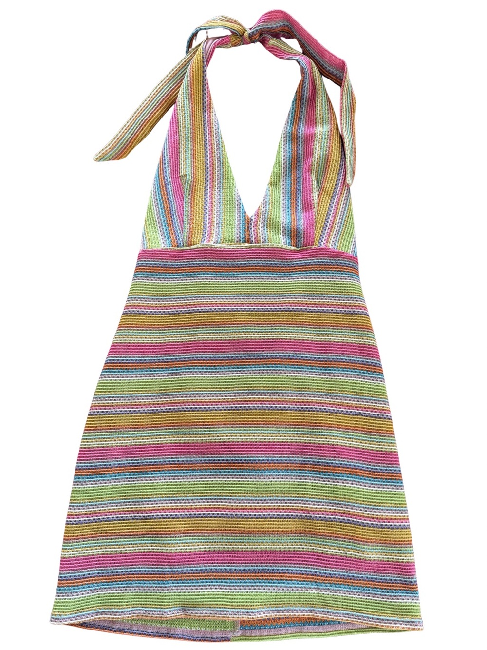 Backless Halter Stripe Knit Dress - Multicolor